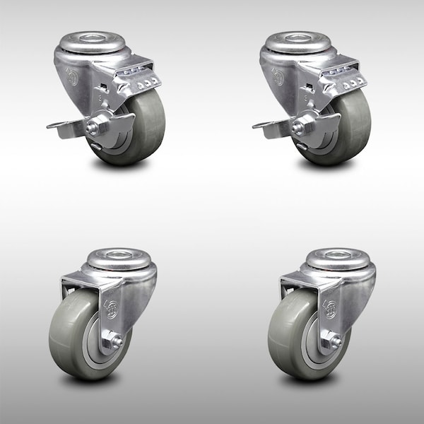 3 Inch SS Gray Polyurethane Wheel Swivel Bolt Hole Caster Set with 2 Brake SCC